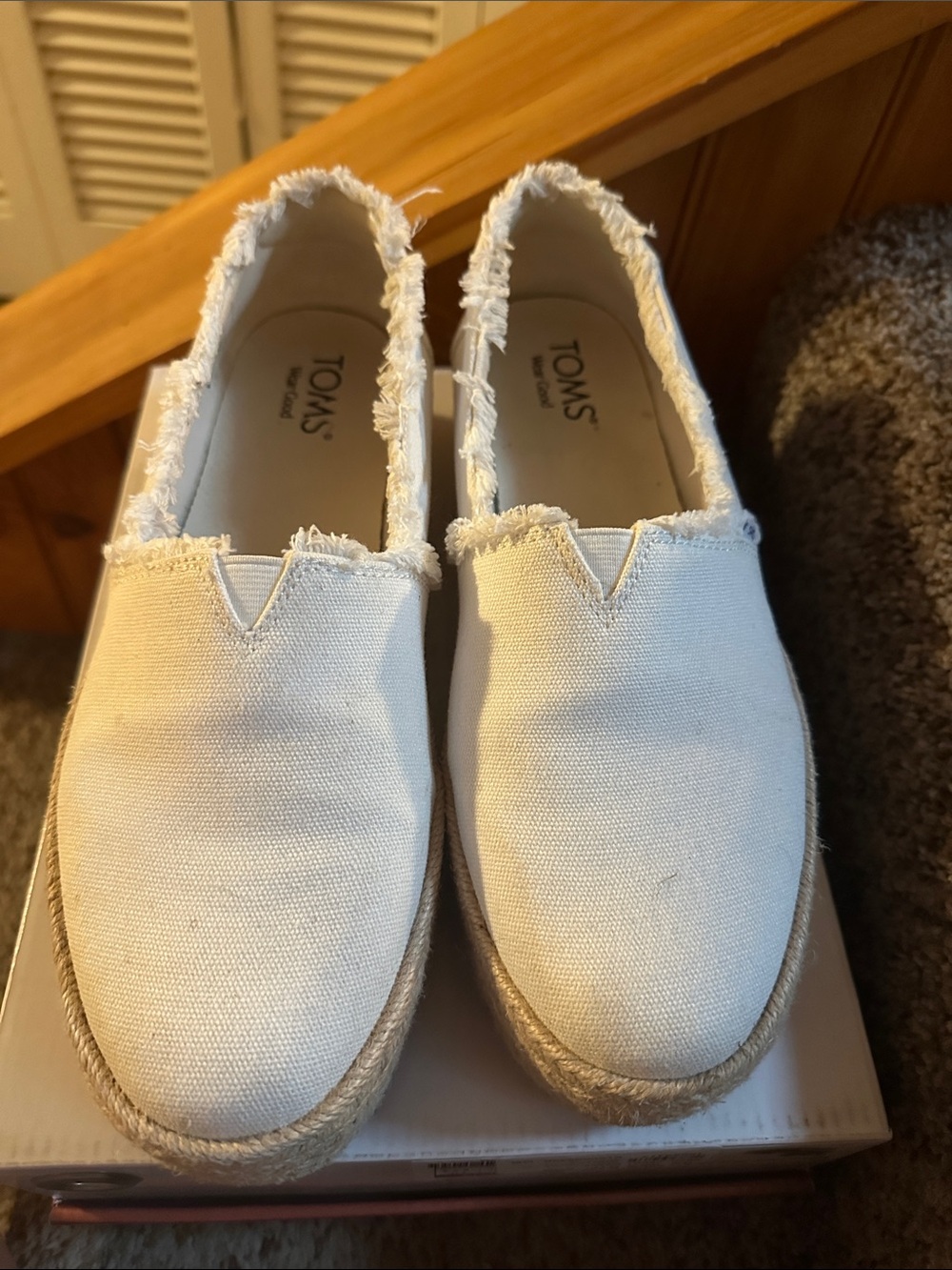 Toms Valencia Platform White Frayed-Edge Canvas Slip-On Espadrilles